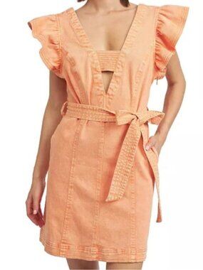 En Saison Coral Denim Belted Mini Dress Ruffle Sleeve Size L